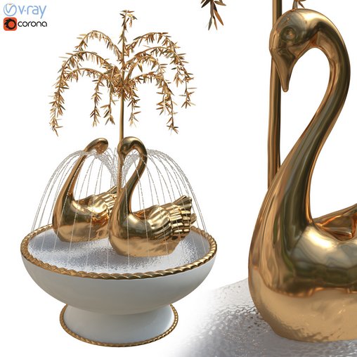 Fountain With Gilt Brass Swans And Weeping Willow