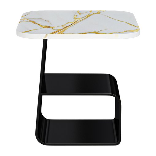 Modern Square Stone End Table with Black Steel Pedestal Base and