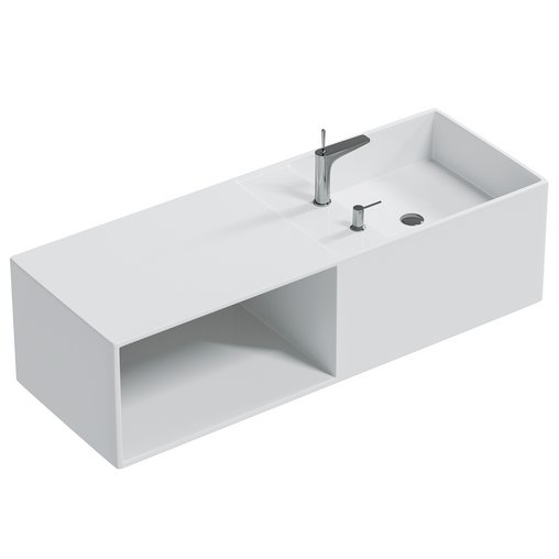 Mineral cast wall-mounted washbasin TWG36 in white with storage compartment on the left