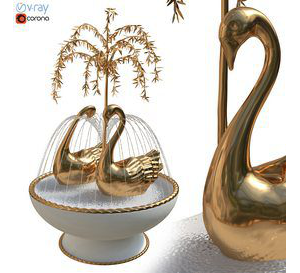 Fountain With Gilt Brass Swans And Weeping Willow